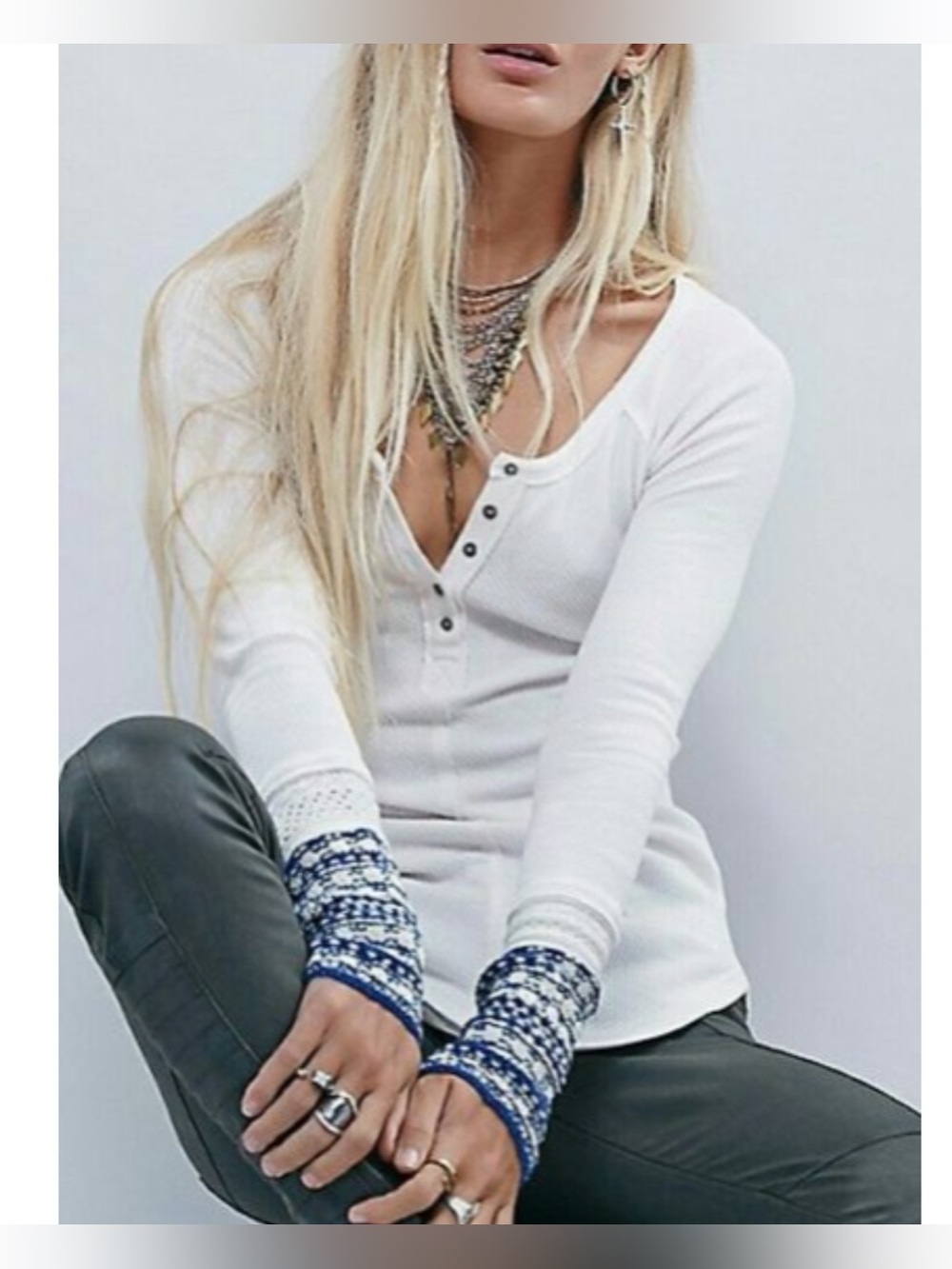 Free People All In Cuff Waffle Knit Top Ivory Combo Long Sleeve Fair Isle